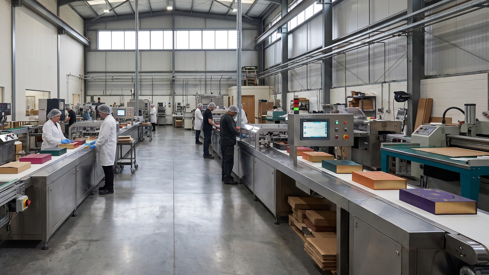 Assembly and packing line, workers finishing rigid boxes
