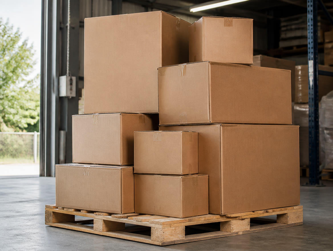 Corrugated shipping boxes stacked on a warehouse pallet