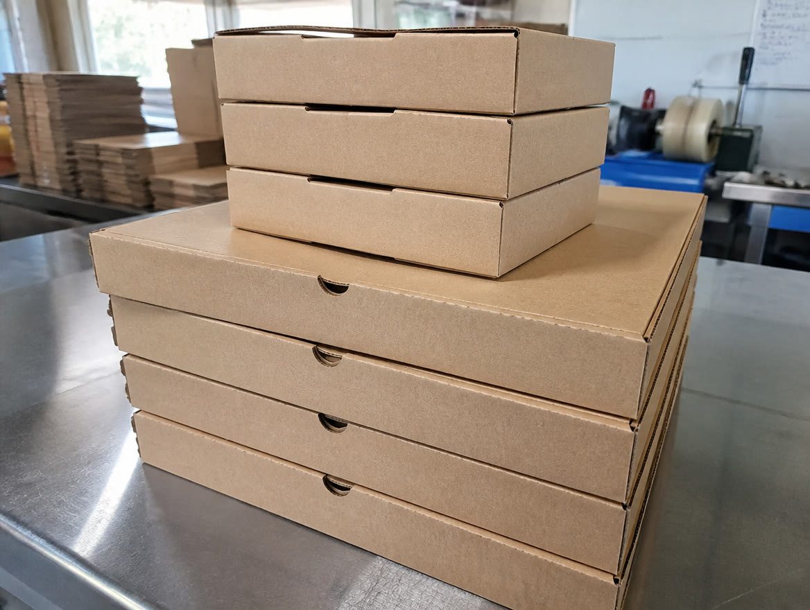 Stack of flat kraft pizza boxes in a food packaging workshop