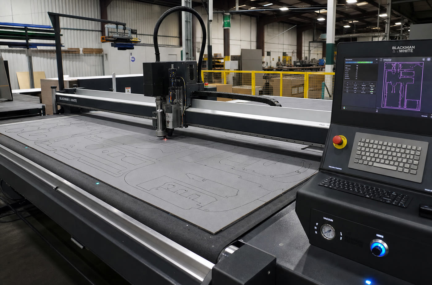 CAD cutting table mid-cycle, blade head crossing a sheet of board