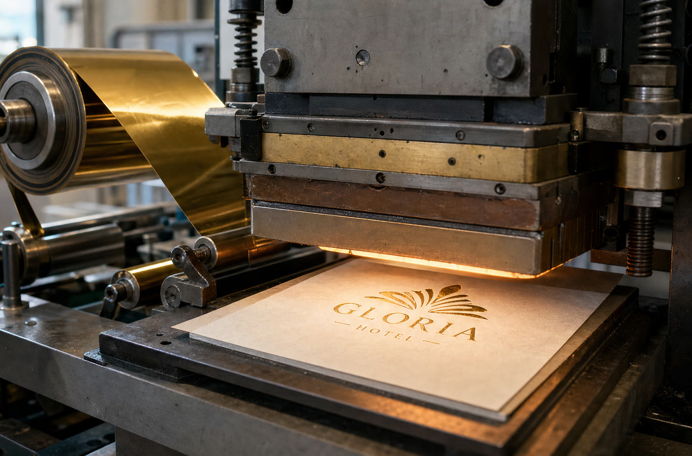 Hot foil stamping press, gold foil roll feeding into the die