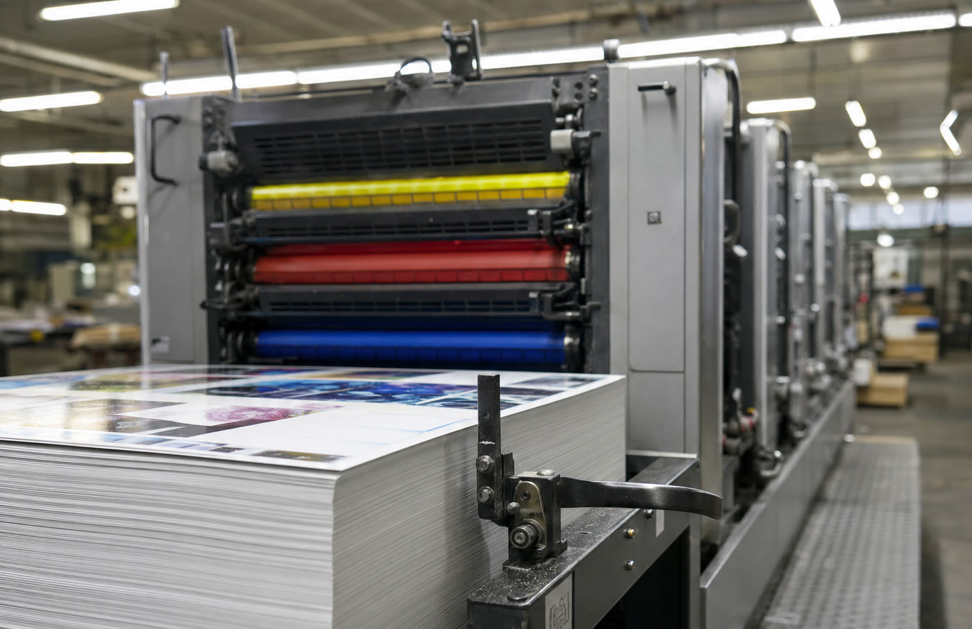 Offset press mid-run, colour units and freshly printed sheets