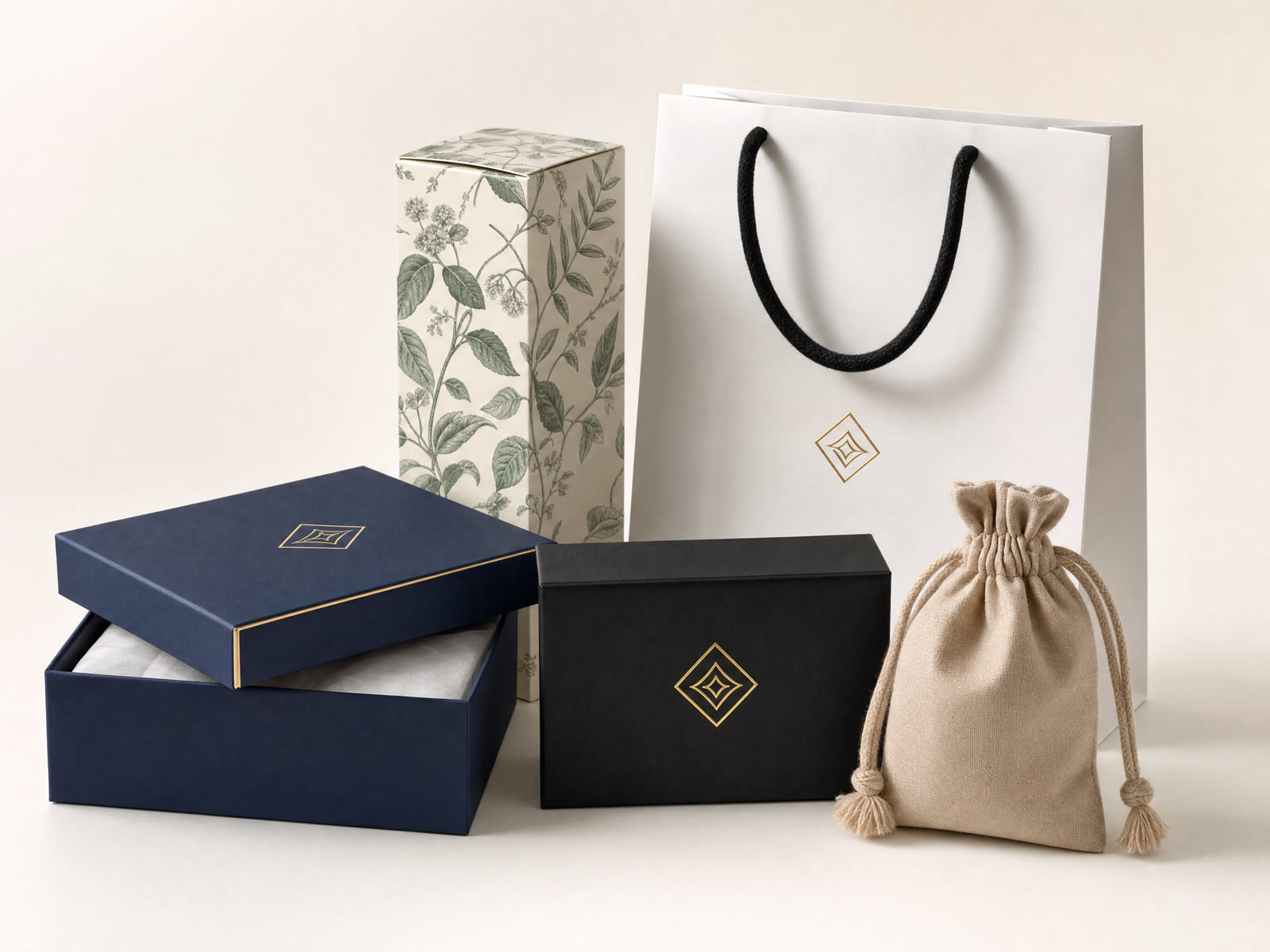 A range of MOTIF packaging: rigid boxes, a folding carton, a paper bag and a cotton pouch