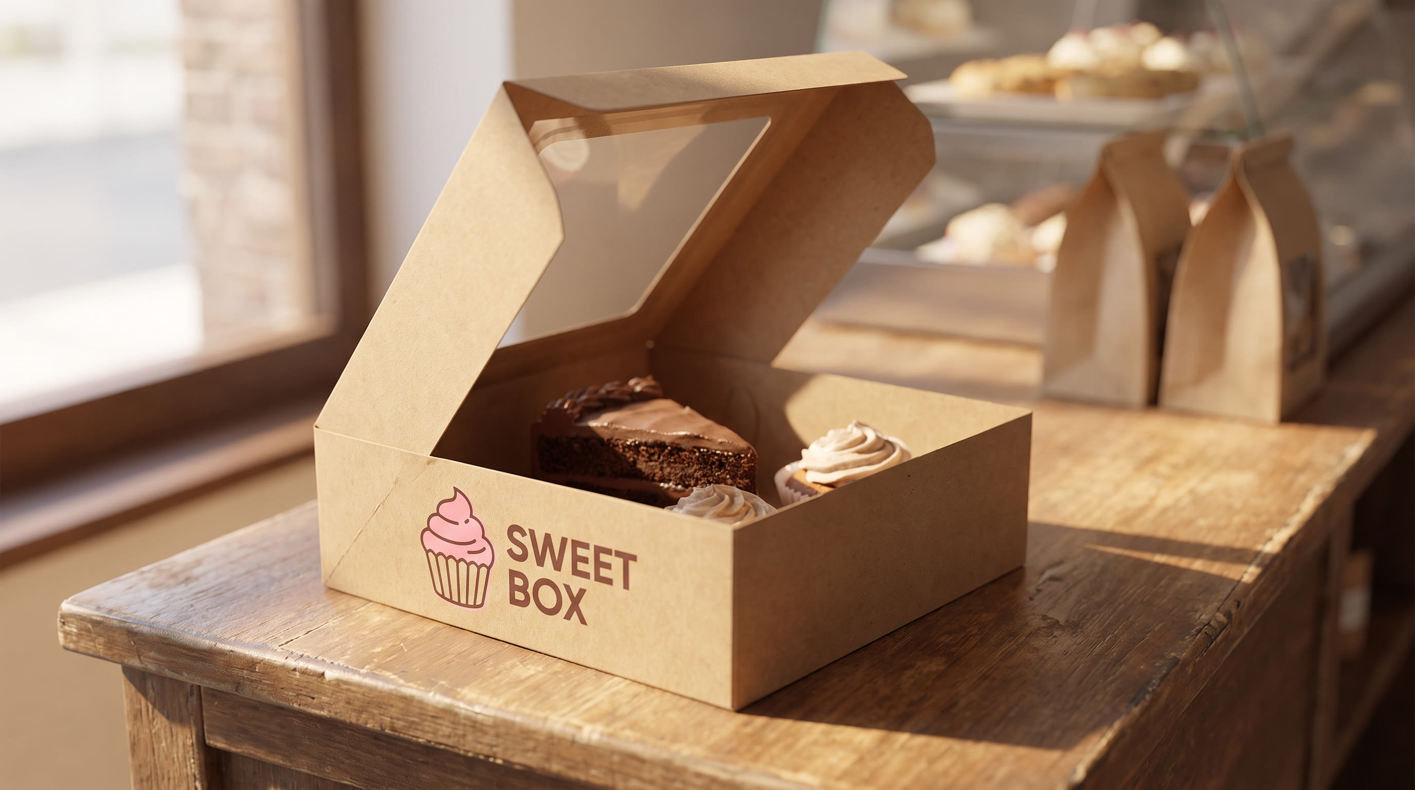 Kraft bakery box with a window lid, printed with a branded logo