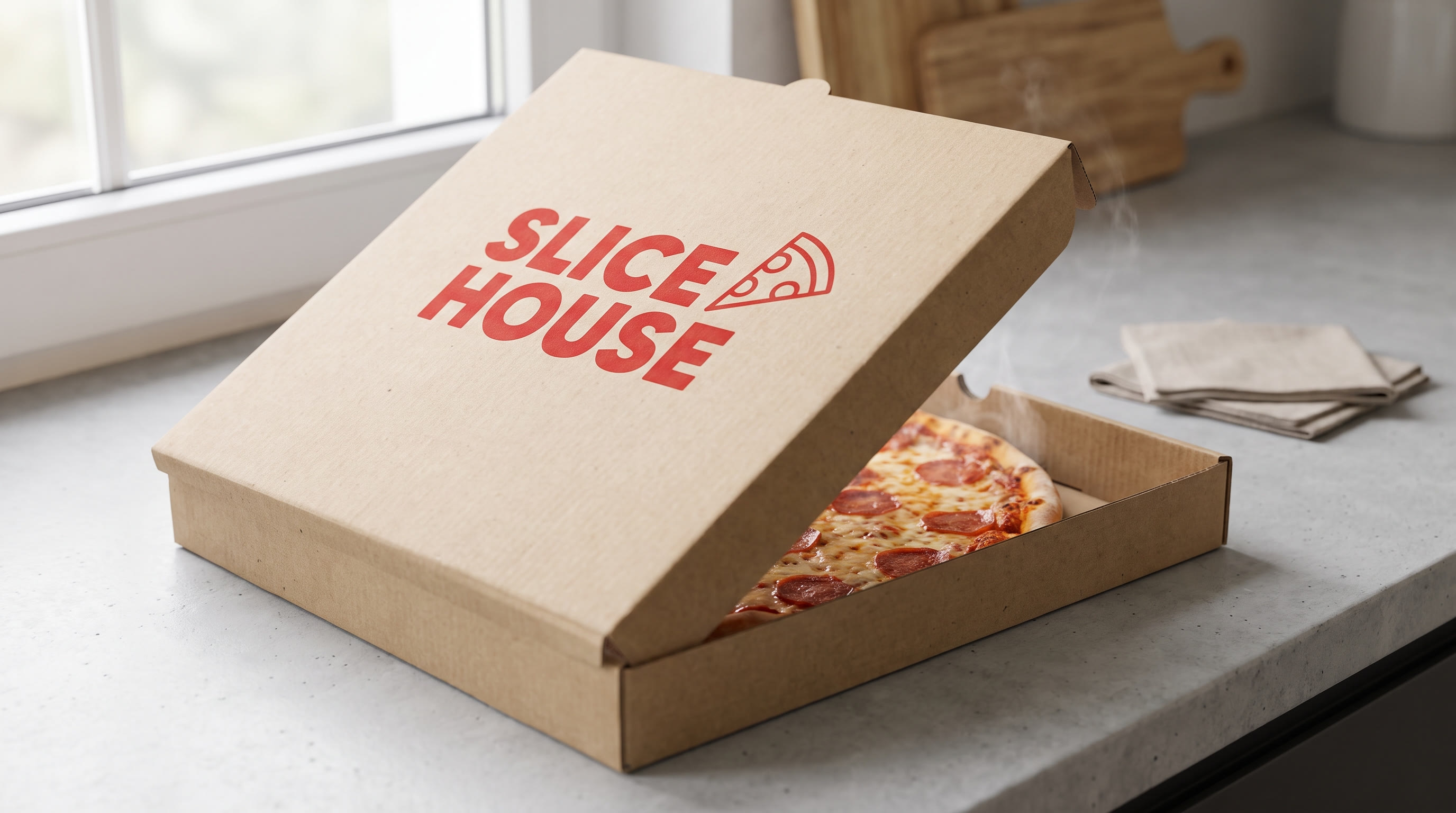 Kraft pizza box printed with a branded logo, opened to show a pizza inside