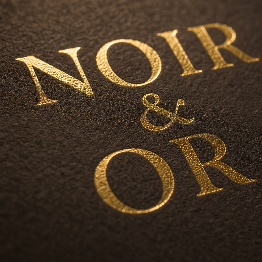 Macro detail of a gold foil logo stamped on dark chocolate-brown board