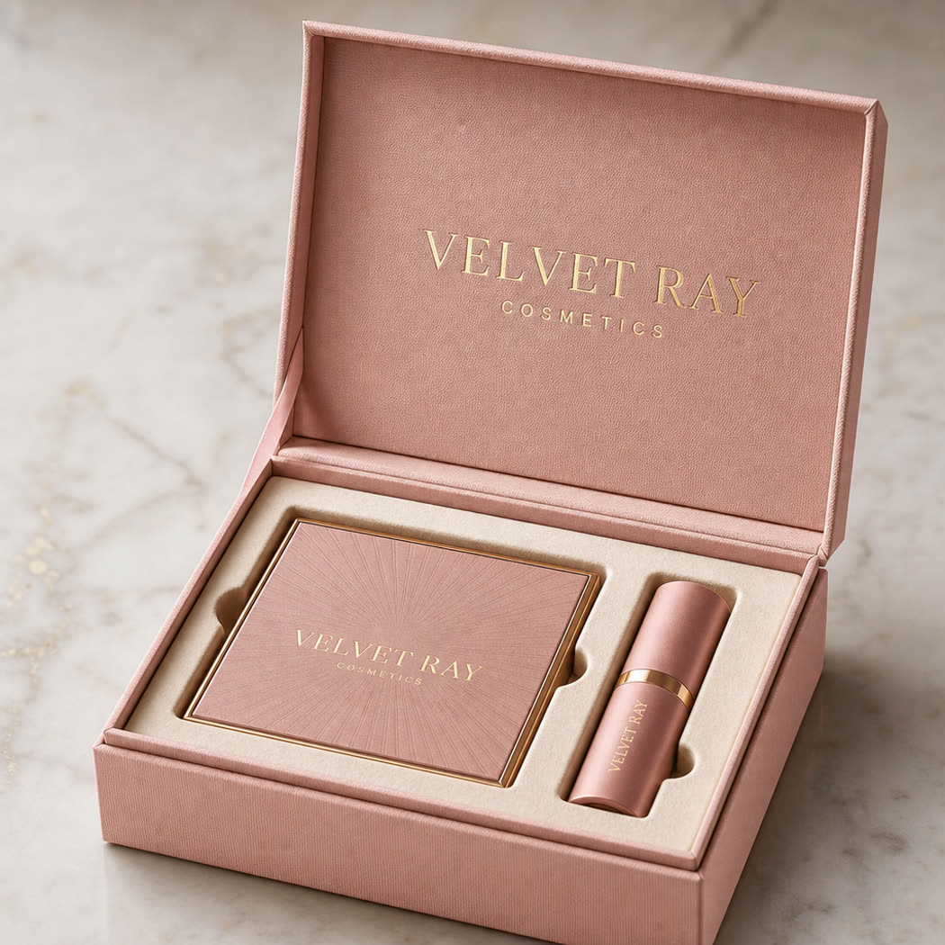 Open cosmetics gift box showing a powder palette and lipstick nested in an insert
