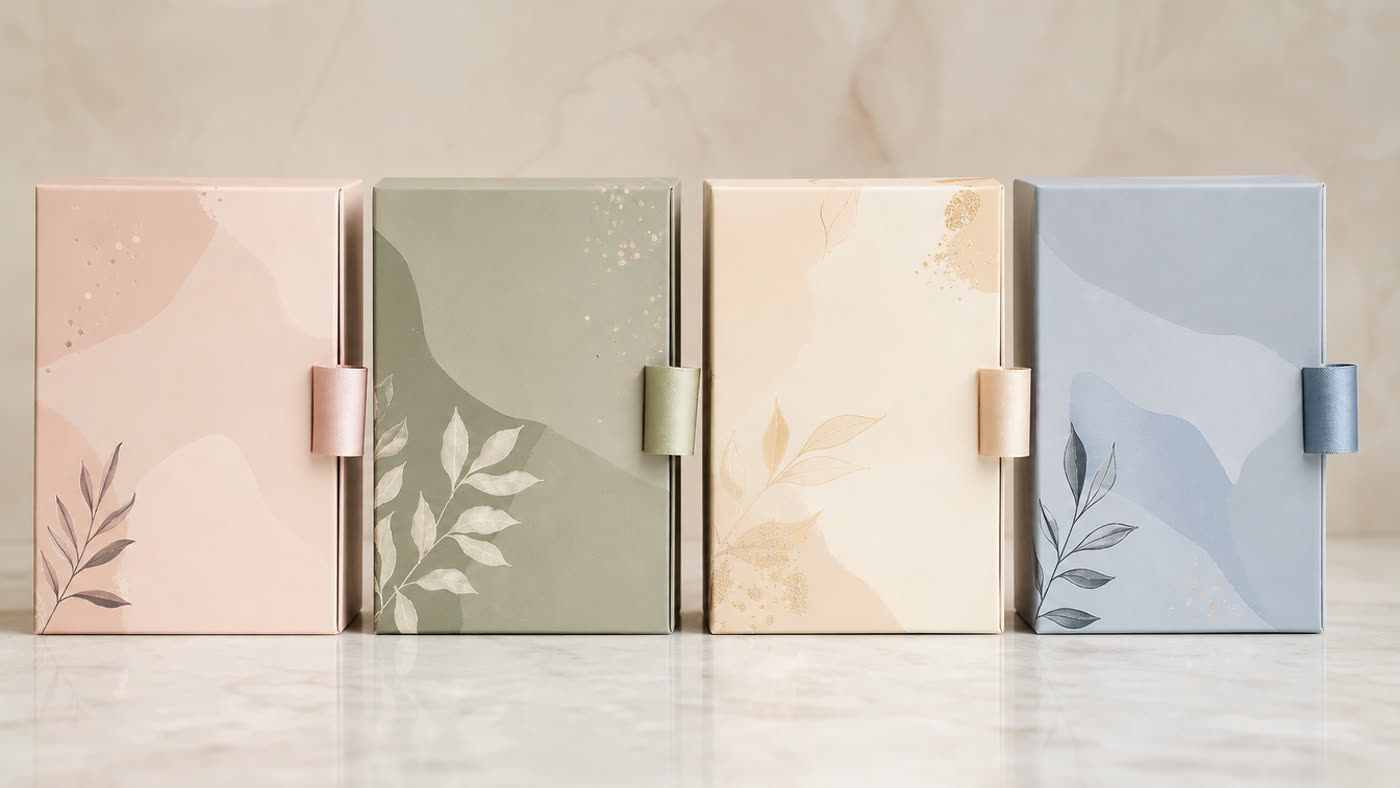 Four cosmetics gift boxes in pastel tones