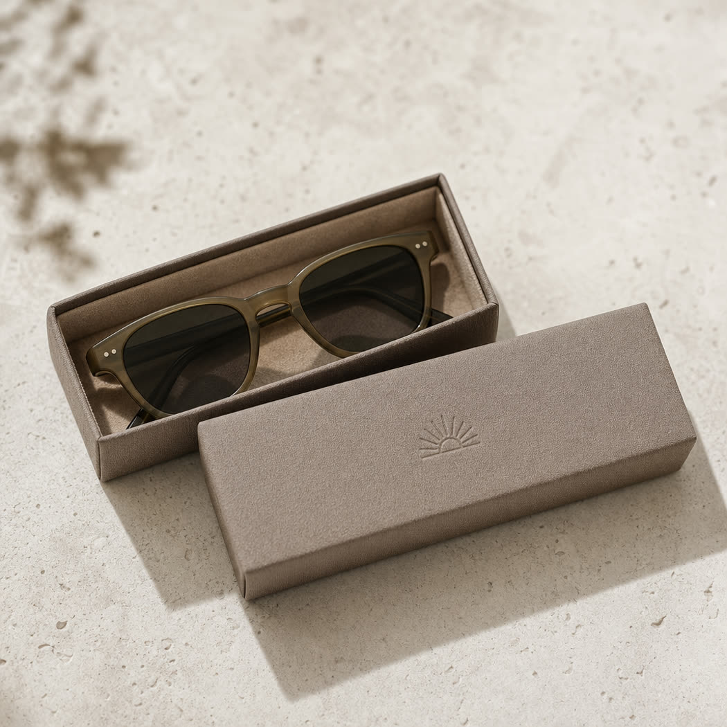 Lid and base rigid eyewear case, taupe textured