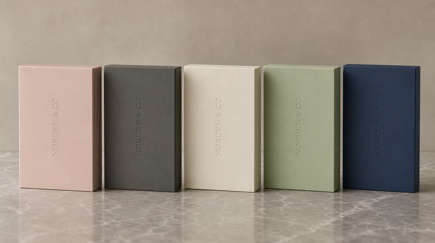 Five fashion accessory boxes in different colourways