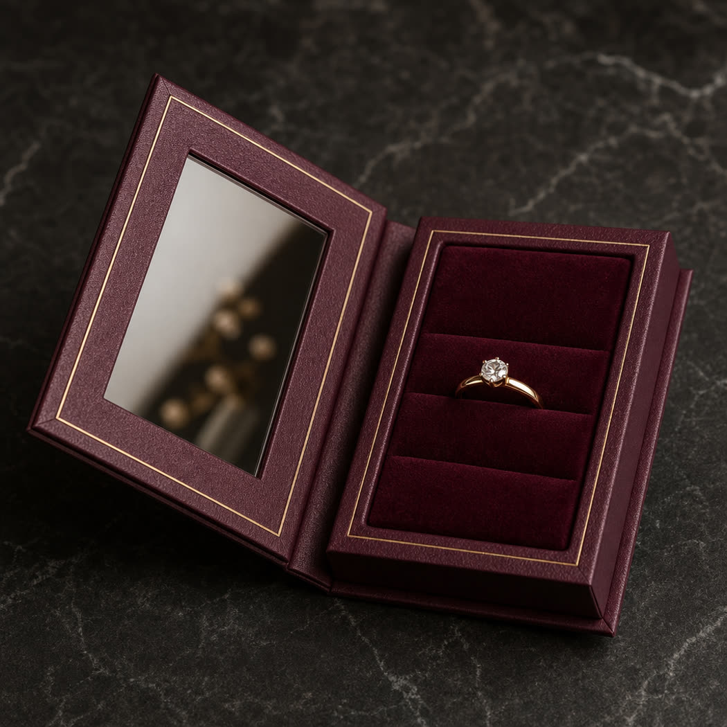 Book-style rigid jewelry box opened flat, ring pillow on one side