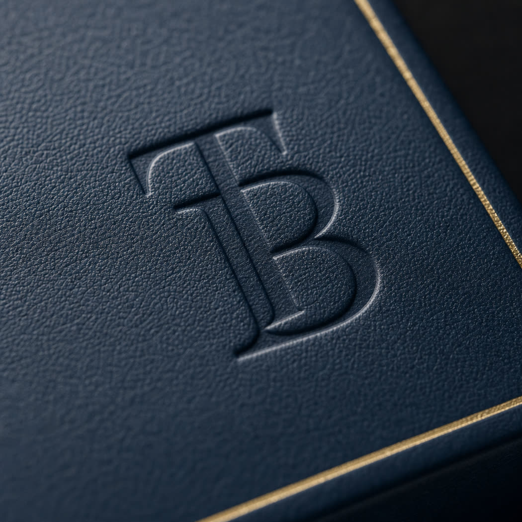 Macro detail of a blind-embossed monogram on leather-textured board