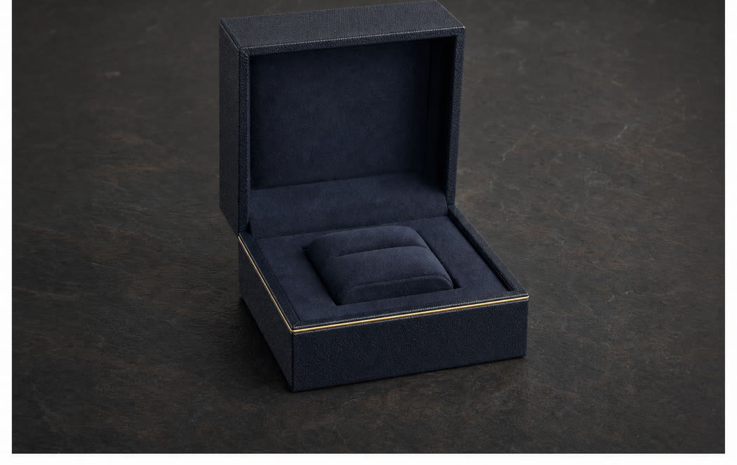 Open rigid ring box showing a suede pillow insert