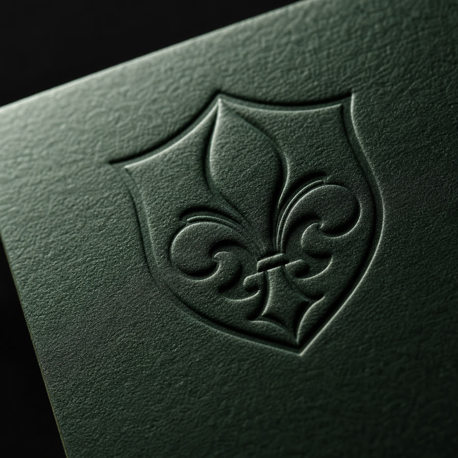Macro detail of a deep emboss crest on rigid board