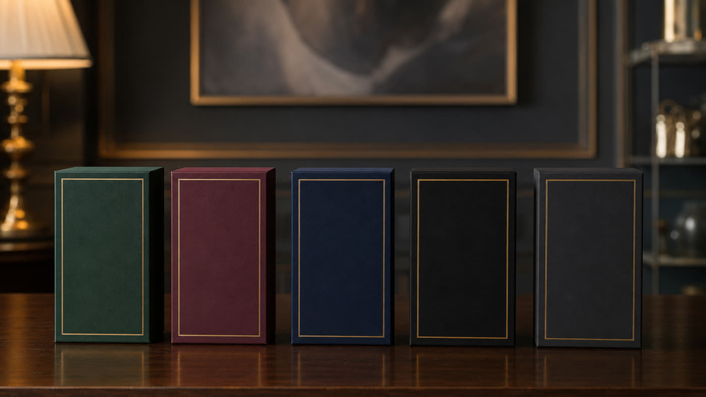 Five rigid perfume boxes in different colours