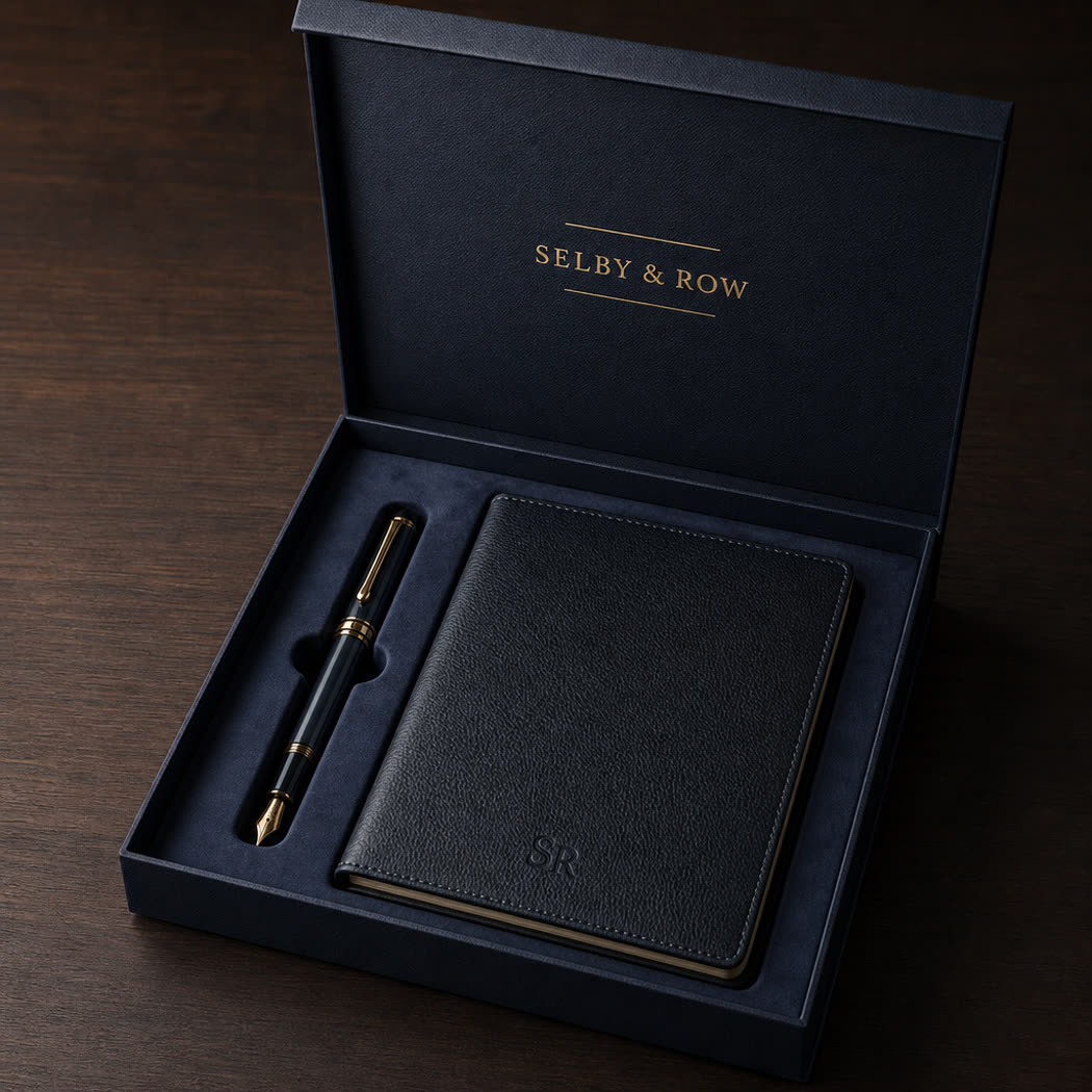 Rigid presentation box for a corporate pen and notebook gift set