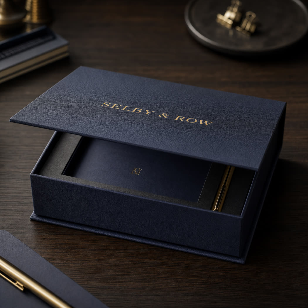 Magnetic-closure rigid gift box for stationery, navy leather-textured