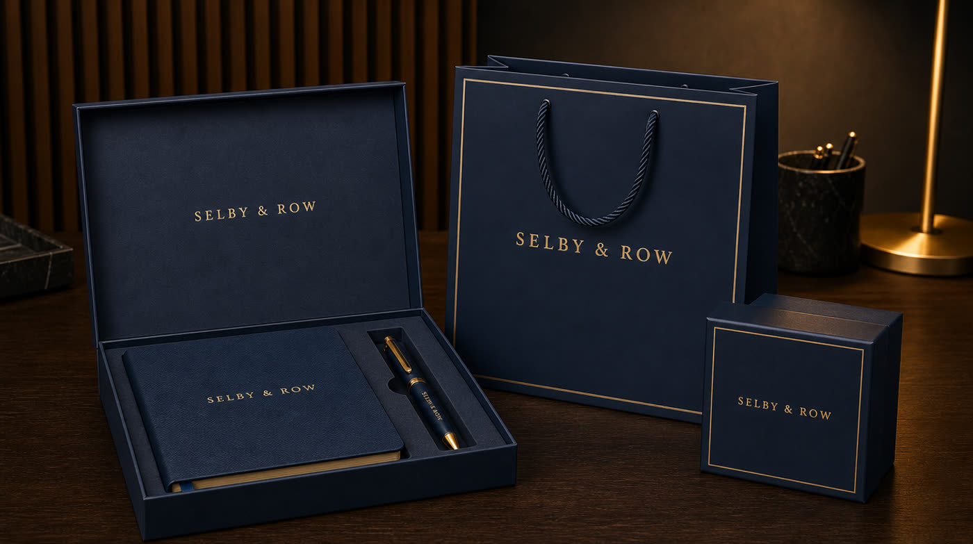 A range of navy and gold corporate gifting packaging