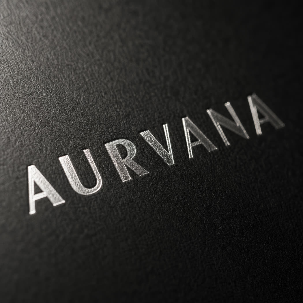 Macro detail of a silver foil-stamped logo on matte black board