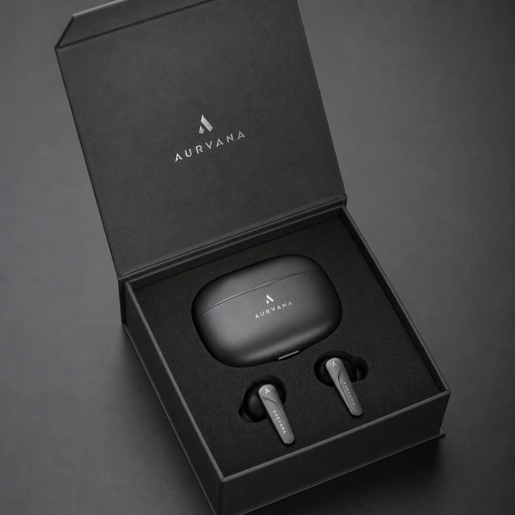 Opened rigid tech packaging box with foam insert holding wireless earbuds