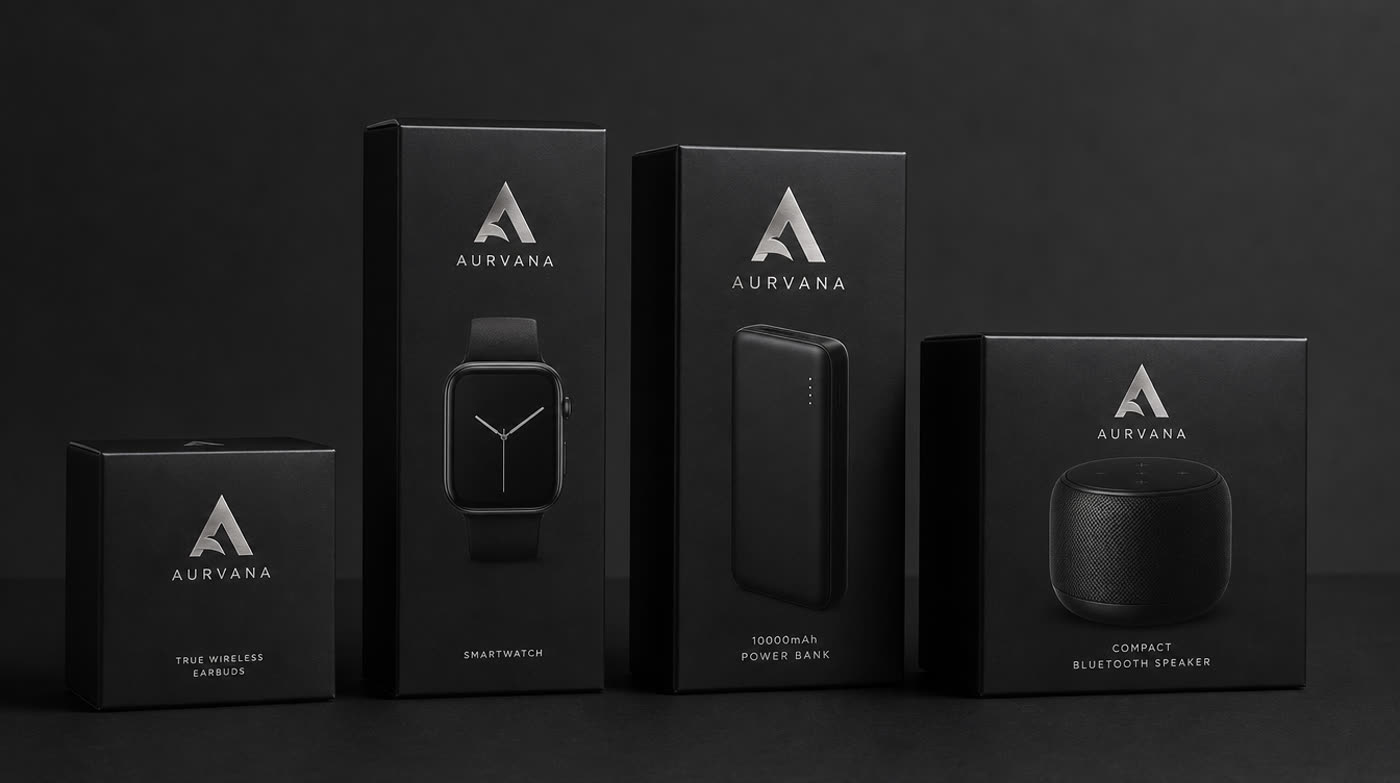 Four matte black tech packaging boxes of different shapes