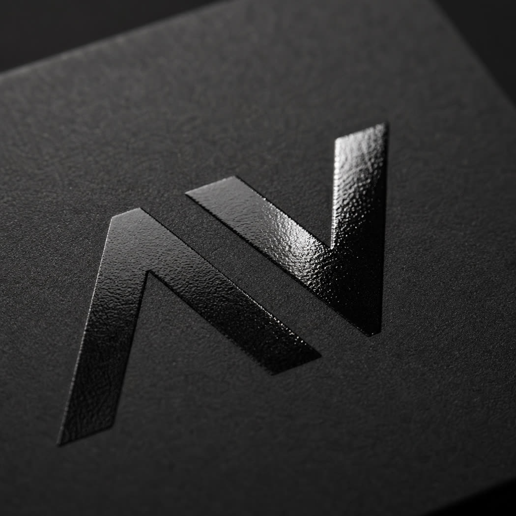 Macro detail of a glossy spot UV logo on matte black board