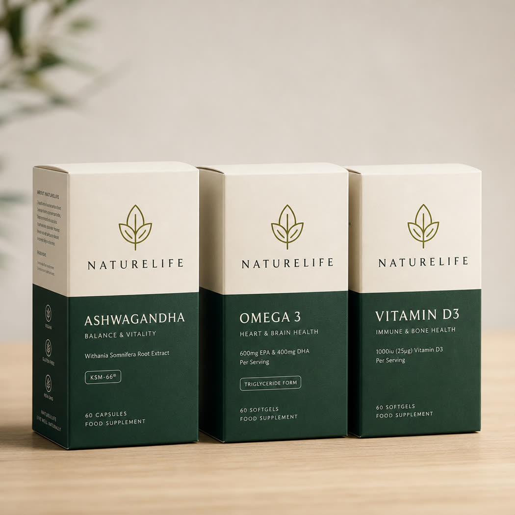 Three supplement folding cartons standing side by side