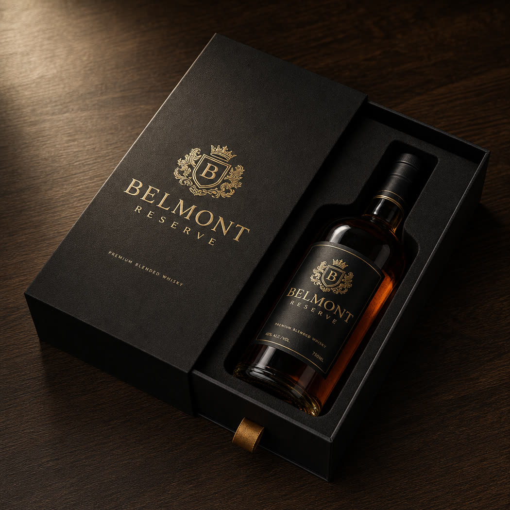 Drawer-style spirits gift box with the drawer partially slid out