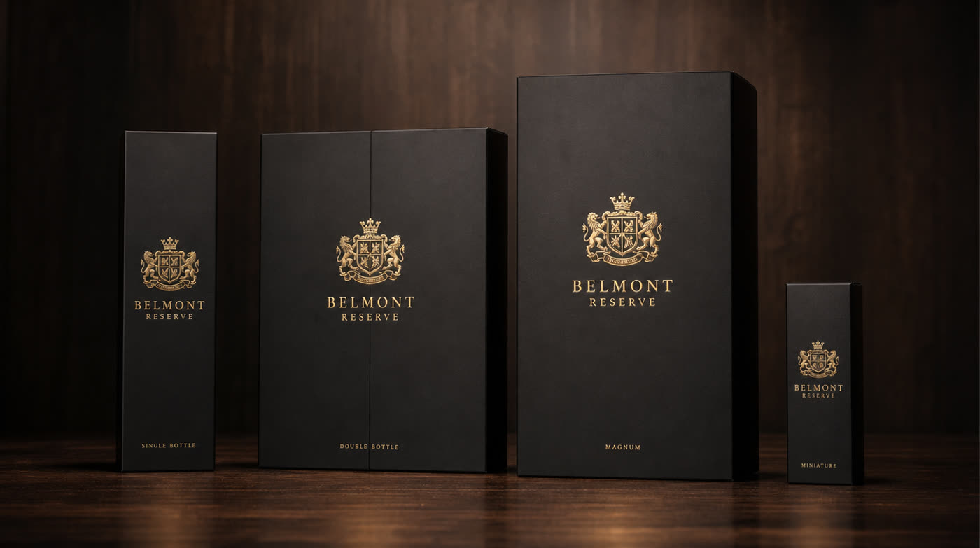 Four matte black rigid spirits gift boxes of different sizes